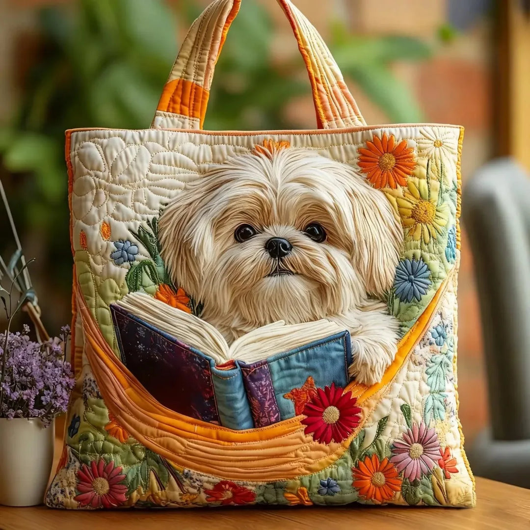 Käsityölaukku - Shih Tzu, kirjoja ja kukkia